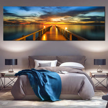 Load image into Gallery viewer, Wooden  Pier  Canvas  Wall  Art  Orange  Pier  at  Sea  Bedroom  1  Piece  Canvas  Dramatic  Blue  Yellow  Sunset  Sky  Canvas  Print For Bedroom
