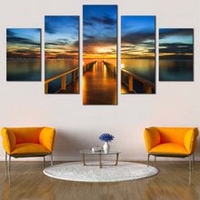 Load image into Gallery viewer, Wooden  Pier  Canvas  Wall  Art  Orange  Pier  at  Sea    5  Piece  Canvas  Dramatic  Blue  Yellow  Sunset  Sky  Canvas  Print In Living room
