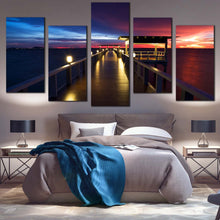 Load image into Gallery viewer, Wooden Pier Canvas Wall Art Pier at Sea  5 Piece Canvas Dramatic Blue Red Sunset Sky Canvas Print For Your Bedroom
