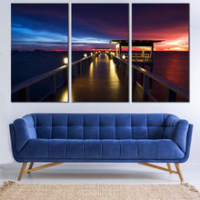 Load image into Gallery viewer, Wooden Pier Canvas Wall Art Pier at Sea  3 Piece Canvas Dramatic Blue Red Sunset Sky Canvas Print In Living Room
