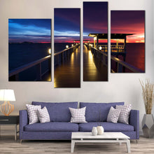 Load image into Gallery viewer, Wooden Pier Canvas Wall Art Pier at Sea  4 Piece Canvas Dramatic Blue Red Sunset Sky Canvas Print For Your Living Room
