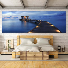 Load image into Gallery viewer, Wooden  Pier  Canvas  Wall  Art  Yellow  Pier  Lights  Canvas  Art  Blue  Maldives  Sea  Pier  Bedroom  1  Piece  Canvas  Print In Bedroom
