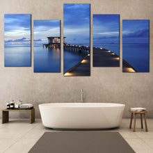 Load image into Gallery viewer, Wooden Pier Canvas Wall Art Yellow Pier Lights Canvas Set Blue Maldives Sea Pier  5 Piece Canvas Print In Your Bathroom
