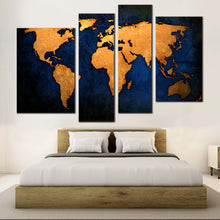 Load image into Gallery viewer, World Map Canvas Print Golden World Map Bedroom 4 Piece Canvas Wall Art Blue Background Map Canvas Art
