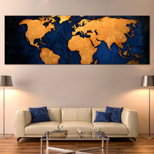 Load image into Gallery viewer, World  Map  Canvas  Print  Golden  World  Map  Living  Room  1  Piece  Canvas  Wall  Art  Blue  Background  Map  Canvas  Artwork In Living Room
