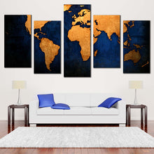 Load image into Gallery viewer, World Map Canvas Wall Art Blue Background Map Multiple Canvas Golden World Map  5 Piece Canvas Print
