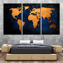 Load image into Gallery viewer, World Map Canvas Wall Art Blue Background Map Triptych Multiple Canvas Golden World Map  3 Piece Canvas Print In Bedroom
