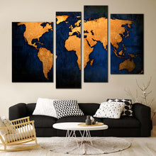 Load image into Gallery viewer, World Map Canvas Wall Art Blue Background World Map 4 Piece Multi Canvas Artwork Golden Map Canvas Print
