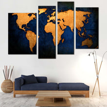 Load image into Gallery viewer, World Map Canvas Wall Art Golden Map Living Room 4 Piece Canvas Set Blue Background World Map Canvas Print
