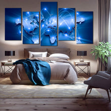 Load image into Gallery viewer, World Map blue background bright lights 5 Piece Canvas Art For Bedroom
