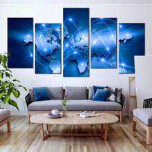 Load image into Gallery viewer, World Map blue background bright lights 5 piece wall art In Living Room
