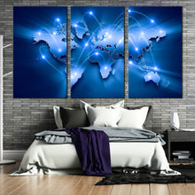 Load image into Gallery viewer, World Map media connected bright lights 3 piece canvas art For  Bedroom
