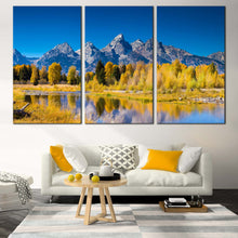 Load image into Gallery viewer, Wyoming Mountains Canvas Wall Art Golden Aspen Trees Multiple Canvas Yellow Grand Tetons National Park Canvas Print Blue Sky Ocean Mountain In Living Room

