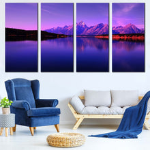 Load image into Gallery viewer, Wyoming Mountains Canvas Wall Art Purple Ocean Mountains Sky Canvas Print Blue Jackson Lake Canvas Print Teton National Park  4 Piece Canvas In Living room&#39;
