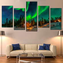 Load image into Gallery viewer, Yellowknife Aurora Canvas Wall Art Dramatic Blue Starry Sky Canvas Set Canada Green Aurora  5 Piece Canvas Print For Living Room
