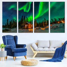 Load image into Gallery viewer, Yellowknife Aurora Canvas Wall Art Dramatic Blue Starry Sky Canvas Set Canada Green Aurora   4 Piece Canvas Canvas Print For Your Living room
