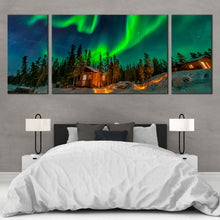 Load image into Gallery viewer, Yellowknife Canada Canvas Wall Art Green Aurora Borealis 3 Piece Multi Canvas Aurora Blue Starry Sky Triptych Canvas Print For Bedroom
