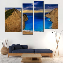 Load image into Gallery viewer, Zakynthos Island Canvas Print Brown Greece Beach Mountains  4 Piece Canvas Wall Art Yellow Sky Ocean Beach Split Canvas
