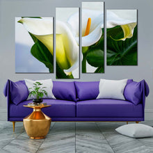 Load image into Gallery viewer, Zantedeschia Aethiopica Canvas Wall Art White Lily Elegance 4 Piece Canvas Print Green Leaves Lily Digital Painting Multi Canvas Artwork
