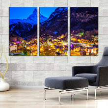 Load image into Gallery viewer, Zermatt Landscape Canvas Wall Art Yellow Town Lights Mountain 3 Piece Canvas Set Switzerland Blue Mountain Landscape Canvas Print For Living Room
