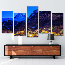 Load image into Gallery viewer, Zermatt Landscape Canvas Wall Art Yellow Town Lights Mountain 5 Piece Canvas Set Switzerland Blue Mountain Landscape Canvas Print In Living room
