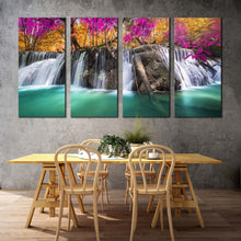 Load image into Gallery viewer, a autumn forest canvas wall art blue waterfall in nature 4 piece canvas print orange red trees waterfall scenic canvas set For Dining Room
