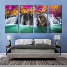 Load image into Gallery viewer, a autumn forest canvas wall art blue waterfall in nature 4 piece canvas print orange red trees waterfall scenic canvas set For Bedroom
