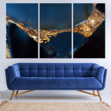 Load image into Gallery viewer, abstract agate canvas wall art blue gemstone elegant abstract 3 piece multiple canvas abstract luxury rock canvas set yellow elegant marble triptych canvas print In Living Room
