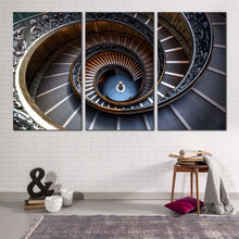 Load image into Gallery viewer, abstract architecture canvas wall art vatican museum 3 piece multi canvas artwork brown grey abstract circular stairs triptych canvas print
