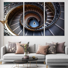 Load image into Gallery viewer, abstract architecture canvas wall art vatican museum 3 piece multi canvas artwork brown grey abstract circular stairs triptych canvas print In Living Room
