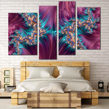 Load image into Gallery viewer, abstract design canvas print blue abstract artwork digital canvas set purple abstract fractal patterns 4 piece canvas wall art in bedroom
