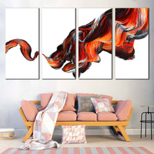 Load image into Gallery viewer, abstract design canvas print orange abstract splash 4 piece canvas wall art black abstract curved pattern multi canvas In Living room
