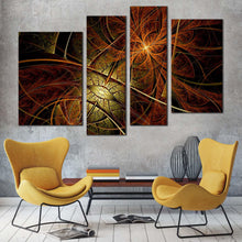 Load image into Gallery viewer, abstract design canvas wall art digital abstract art 4 piece canvas brown yellow fractal flower abstract canvas print in living room
