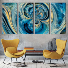 Load image into Gallery viewer, abstract dream canvas wall art blue contemporary abstract 4 piece canvas print yellow digital pour paint multiple canvas In Living room
