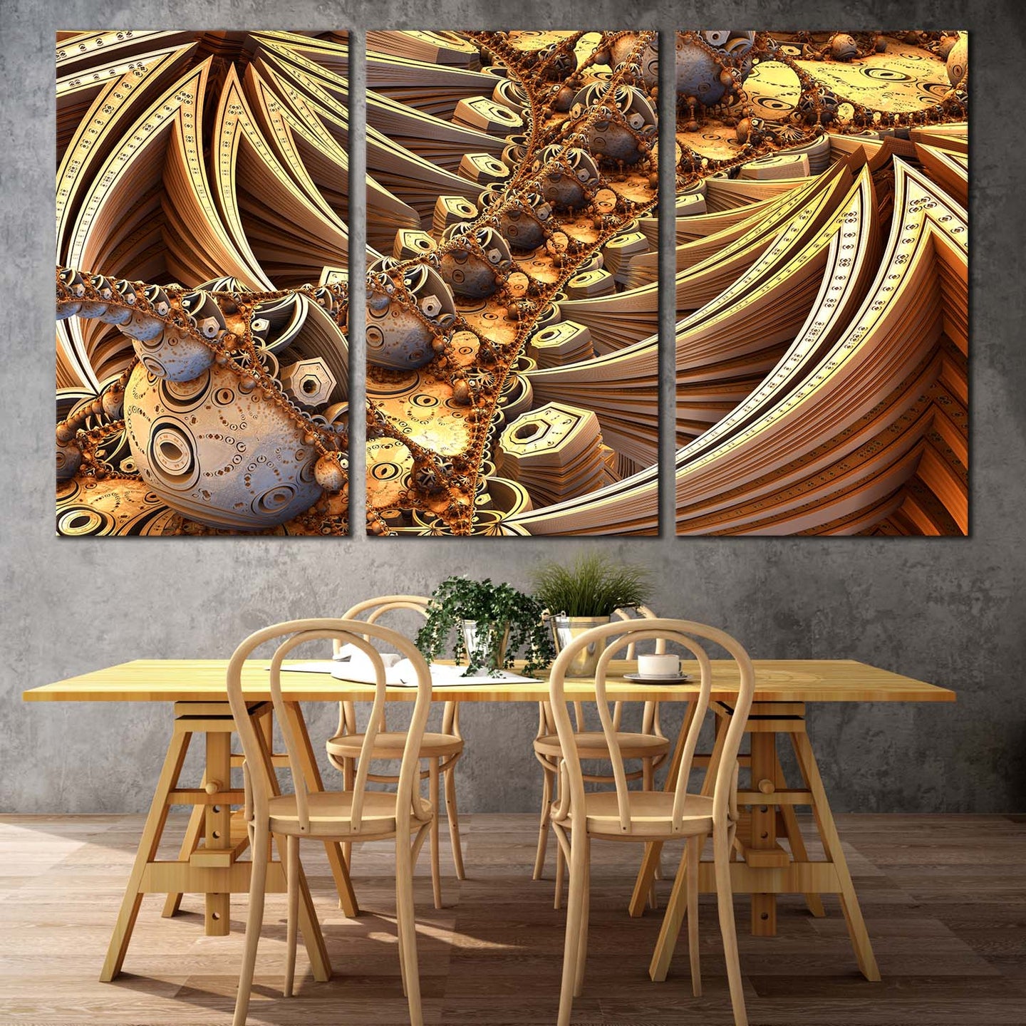 abstract escher canvas wall art abstract geometric patterns multi canvas artwork yellow brown 3d abstract 3 piece canvas print For Dining Room