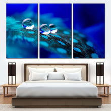 Load image into Gallery viewer, abstract feather canvas print green blue abstract water drop canvas wall art close up droplet 3 piece canvas set In Bedroom
