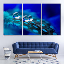 Load image into Gallery viewer, abstract feather canvas print green blue abstract water drop canvas wall art close up droplet 3 piece canvas set In Living Room
