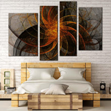 Load image into Gallery viewer, abstract fractal canvas print black orange modern abstract 4 piece canvas wall art grey abstract patterns canvas set in bedroom
