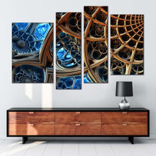 Load image into Gallery viewer, abstract fractal canvas print blue modern abstract 3d rendering 4 piece canvas wall art brown sacred geometry multi canvas artwork in living room
