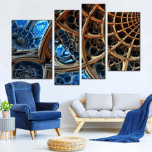 Load image into Gallery viewer, abstract fractal canvas print blue modern abstract 3d rendering 4 piece canvas wall art brown sacred geometry multi canvas artwork
