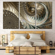 Load image into Gallery viewer, abstract fractal canvas print brown elegant abstract 3 piece canvas wall art yellow abstract never ending pattern triptych canvas set In Bedroom
