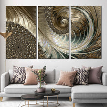 Load image into Gallery viewer, abstract fractal canvas print brown elegant abstract 3 piece canvas wall art yellow abstract never ending pattern triptych canvas set In Living Room
