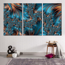 Load image into Gallery viewer, abstract fractal canvas wall art blue abstract fantasy art print brown elegant abstract fractal 3 piece canvas set
