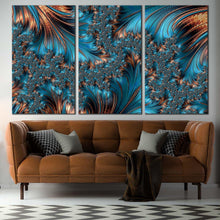 Load image into Gallery viewer, abstract fractal canvas wall art blue abstract fantasy art print brown elegant abstract fractal 3 piece canvas set In Living Room
