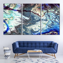 Load image into Gallery viewer, abstract fractal canvas wall art blue gray abstract marble texture 3 piece canvas print modern abstract element triptych multiple canvas In Living Room
