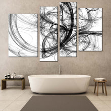 Load image into Gallery viewer, abstract fractal canvas wall art white artistic abstract 4 piece canvas set black abstract energy canvas print in bethroom
