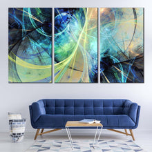 Load image into Gallery viewer, abstract fractal canvas wall art yellow blue 3d abstract art print abstract fractal electricity 3 piece canvas print In Living Room
