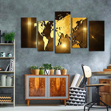 Load image into Gallery viewer, abstract globe canvas print brown world map digital painting canvas set yellow 3d earth map 5 piece canvas wall art In Living Room
