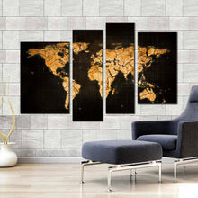 Load image into Gallery viewer, abstract globe canvas wall art brown world map digital painting 4 piece canvas print yellow global flat world canvas set in living room
