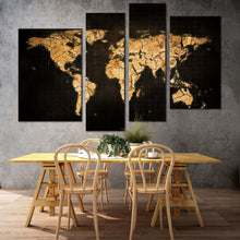 Load image into Gallery viewer, abstract globe canvas wall art brown world map digital painting 4 piece canvas print yellow global flat world canvas set for living room
